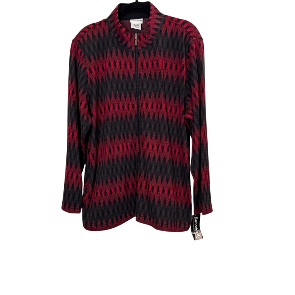 BonWorth Red Black and Gray Knit Zip-Up Smart Professional Sweater Jacket sz XL